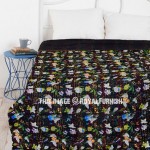 Black Tree Leaves Printed Unique Cotton Kantha Quilt Bedspread 90X108