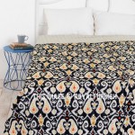 Queen Size Black Hand Stitched Ikat Kantha Quilt Throw Blanket Bedding