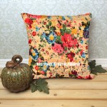 18X18 Beige Rose Flowers Printed Indian Cotton Kantha Throw Pillow Sham