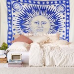 Big Blue Multi Sun Moon & Planets Fringed Tapestry Wall Hanging Bedspread
