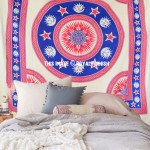 Blue Sun Moon Star Medallion Circle Tapestry, Fringed Bedspread