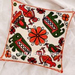 16" White Needlepoint Elephant Woolen Embroidered Indian Pillow Cover