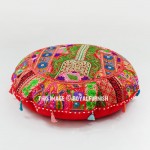 32" X-Large Red Mirror Embroidered Round Yoga and Meditation Floor Cushion Cover