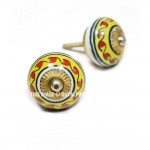 Yellow Circle Brass Finished Ceramic Knobs, Set of 2