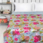 Grey Multi Tropicana Floral Printed Handcrafted Cotton Kantha Quilt Blanket Bedspread