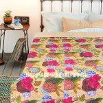 Beige Flower Printed Handmade Cotton Kantha Quilted Bedspread Blanket Throw