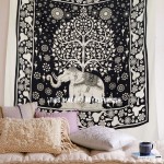 White and Black Elephant Tree Border Wall Tapestry, Fringed Bedding