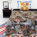 Twin Size Black Paisley Floral Ikat Kantha Quilt Throw Bed Cover 