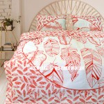 Red & White Summer Feathers Boho Mandala Duvet Cover with Set of 2 Pillow Cases