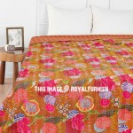 Brown Fruit Flowers Printed Hand Stitched Unique Cotton Kantha Bedspread Quilt Blanket