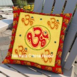 Beige Color Hindu Auspicious Symbol AUM printed Mirror Kantha Pillow Cover 16X16