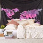 Large Black and Pink Multi World Map Wall Tapestry, Atlas Bedding