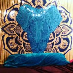 Beige and Blue Multi Colorful Asian Elephant Tapestry, Hippie Bedspread