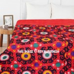 Vibrant Red Suzani Medallion Floral Printed Cotton Kantha Quilt Blanket Bedspread