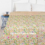 Beige Flower and Tree of Life Cotton Kantha Bedspread Quilted Blanket