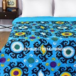 Small Turquoise Suzani Flower Printed Kantha Blanket Throw