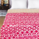 Pink Cotton Handmade ZigZag Patterned Ikat Kantha Quilt Throw