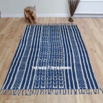 Indigo Blue Long Strips Outdoor Indoor Dhurrie Rug 3'X5'
