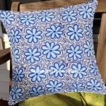 Blue & White Plumeria Block Printed Cotton Throw Cover 16X16
