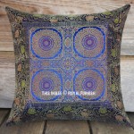 Blue Four Mandala Circle Silk Brocade Throw Pillow Case