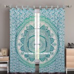 Sea Green Large Leafs Circle Ombre Tapestry Curtain Panel Pair