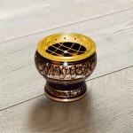 Small Decorated Brass Charcoal Screen Incense Burner with Wooden Coaster