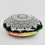 Black & White Rangoli Mandala Round Floor Pillow Cover 24" Inch