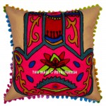 Brown Multi Hamsa Hand Embroidered Throw Pillow Cover 16X16 Inch