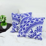 Blue & White Elephant Mandala Pom Pom Throw Pillow Cover Set of 2