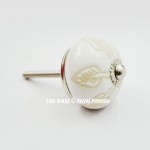 White Leaves Hand Carved Vintage Round Ceramic Cabinet Knob Set of Two