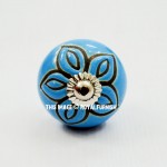 Decorative Blue Flower Shaped Round Ceramic Cabinet Knob Set of 2