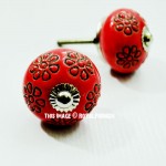Red Little Flower Carved Boho Decorative Ceramic Drawer Knobs Set of 2