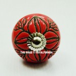 Red Flower Carved Boho Decorative Drawer Knobs Set of 2