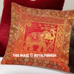 16" Red Multi Asian Elephant Tree Indian Silk Brocade Toss Pillow Cover