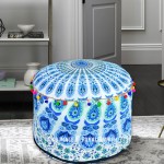 White & Blue Boho Chic Indian Mandala Pouf Ottoman Cover 22X14 Inch