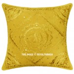Yellow Indian Mirror Embroidered Square Throw Pillow Cover 18X18 Inch