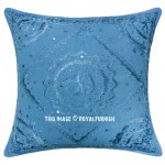 Blue Indian Mirror Embroidered Throw Pillow Cover 18X18 Inch