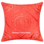 Red Indian Mirror Embroidered Square Throw Pillow Cover 18X18 Inch