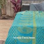 Turquoise Reversible Asian Boho Kantha Blanket Bedding Throw