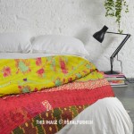 Yellow Multicolored Reversible Quilted Kantha Bedding Throw