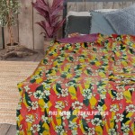 Red Yellow Multi Colored Floral Print Reversible One Of A Kind Kantha Throw Blanket