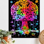 Multicolored Meditating Buddha Under Tree Cotton Fabric Wall Poster Tapestry