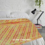 Green Orange Stripes Boho Floral Pattern Supreme Kantha Quilt Blanket Throw