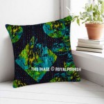 Black Multicolored Kantha Square Embroidered Pillow Case 16X16 Inch