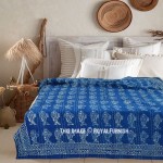Indigo Blue Fish Block Print Cotton Kantha Quilt Blanket - Twin Size