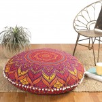 Maroon Yellow Lotus Mandala Round Floor Pillow Cover - 32 Inch