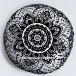 Black Silver Lotus Mandala Round Floor Pillow Cover - 32 Inch