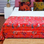 Red Multicolored Flowers Print Bohemian Indian Kantha Quilt Blanket Bedspread - Twin Size
