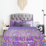 Purple Multicolored Tango Lily Floral Boho Indian Kantha Quilt Blanket Bedspread - Twin Size