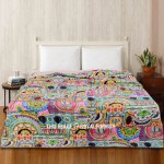 Pink Fruits Circle Bohemian Kantha Quilt Blanket Throw - Queen Full Size